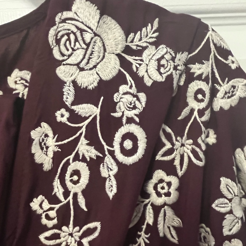 ✨ Crimson in Grace – Embroidered Sleeve Tie Waist Dress - Picture 6 of 12
